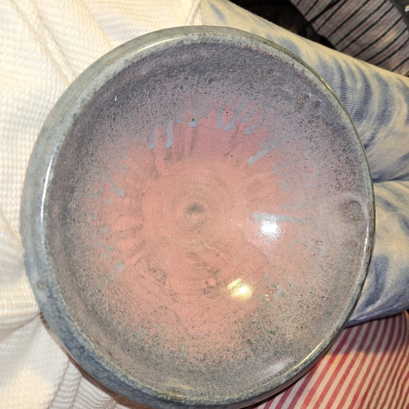 Hand Thrown Studio Art Pottery Bowl in Pink, Blue, & Tan, 8" x 3.5" Tall - Picture 5 of 12